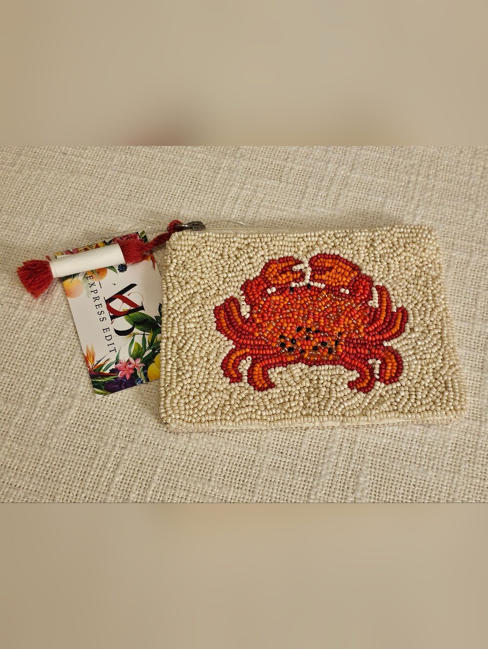 Beaded Crab Coin Pouch With Red Tassel